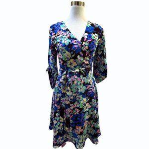 Yumi Kim 100% Silk Wrap Dress Women XS Blue Floral 3/4 Sleeve Cottagecore Garden